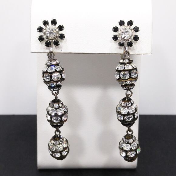 Vintage Dangle Long Black Floral Earrings, Clear Rhinestones, 1980s, 2 1/2" - Picture 7 of 10